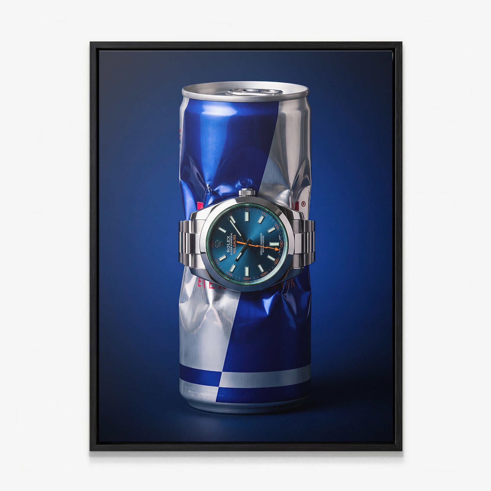Burn Rate crushed blue and silver energy drink can with a teal dial watch canvas wall art in a black floating frame