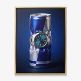 Burn Rate crushed blue and silver energy drink can with a teal dial watch canvas wall art in a gold floating frame