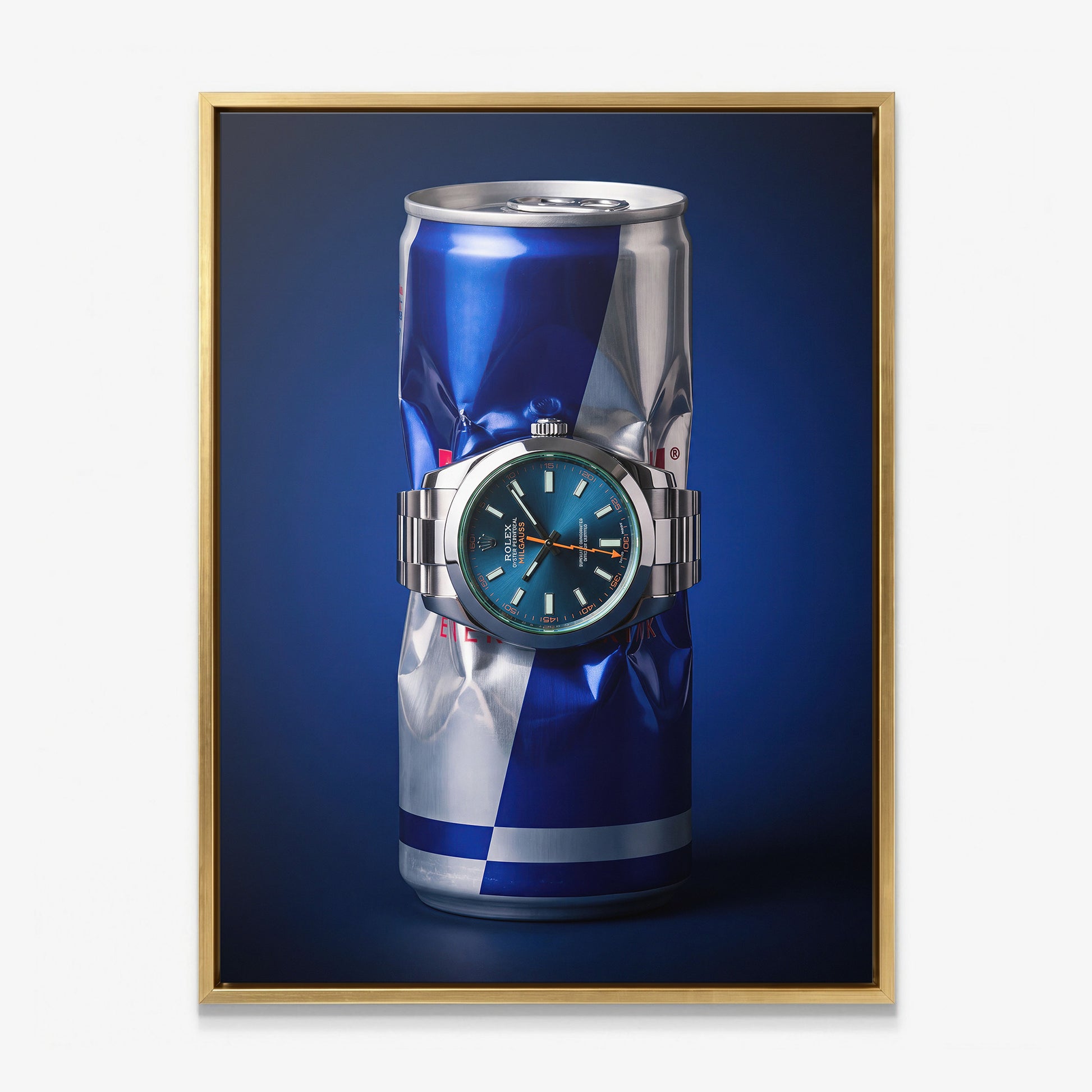 Burn Rate crushed blue and silver energy drink can with a teal dial watch canvas wall art in a gold floating frame