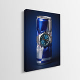 Burn Rate crushed blue and silver energy drink can with a teal dial watch canvas wall art side profile showing the gallery wrapped edge
