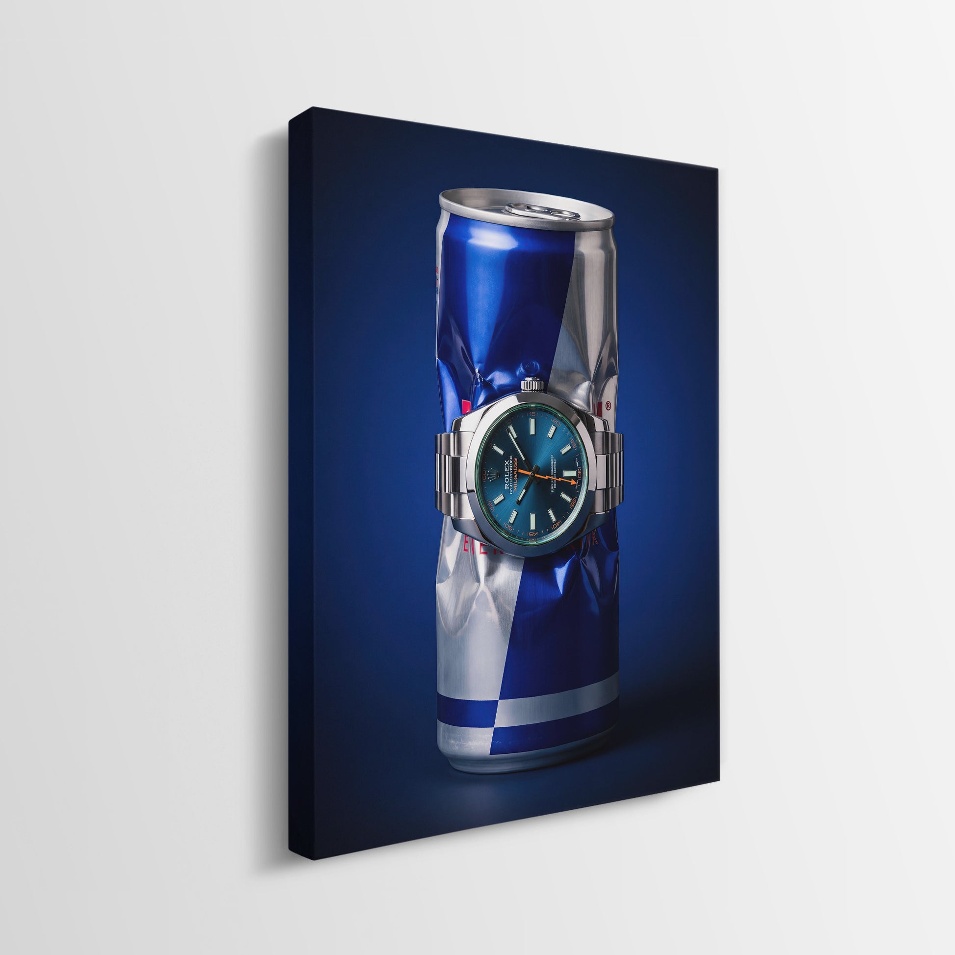 Burn Rate crushed blue and silver energy drink can with a teal dial watch canvas wall art side profile showing the gallery wrapped edge