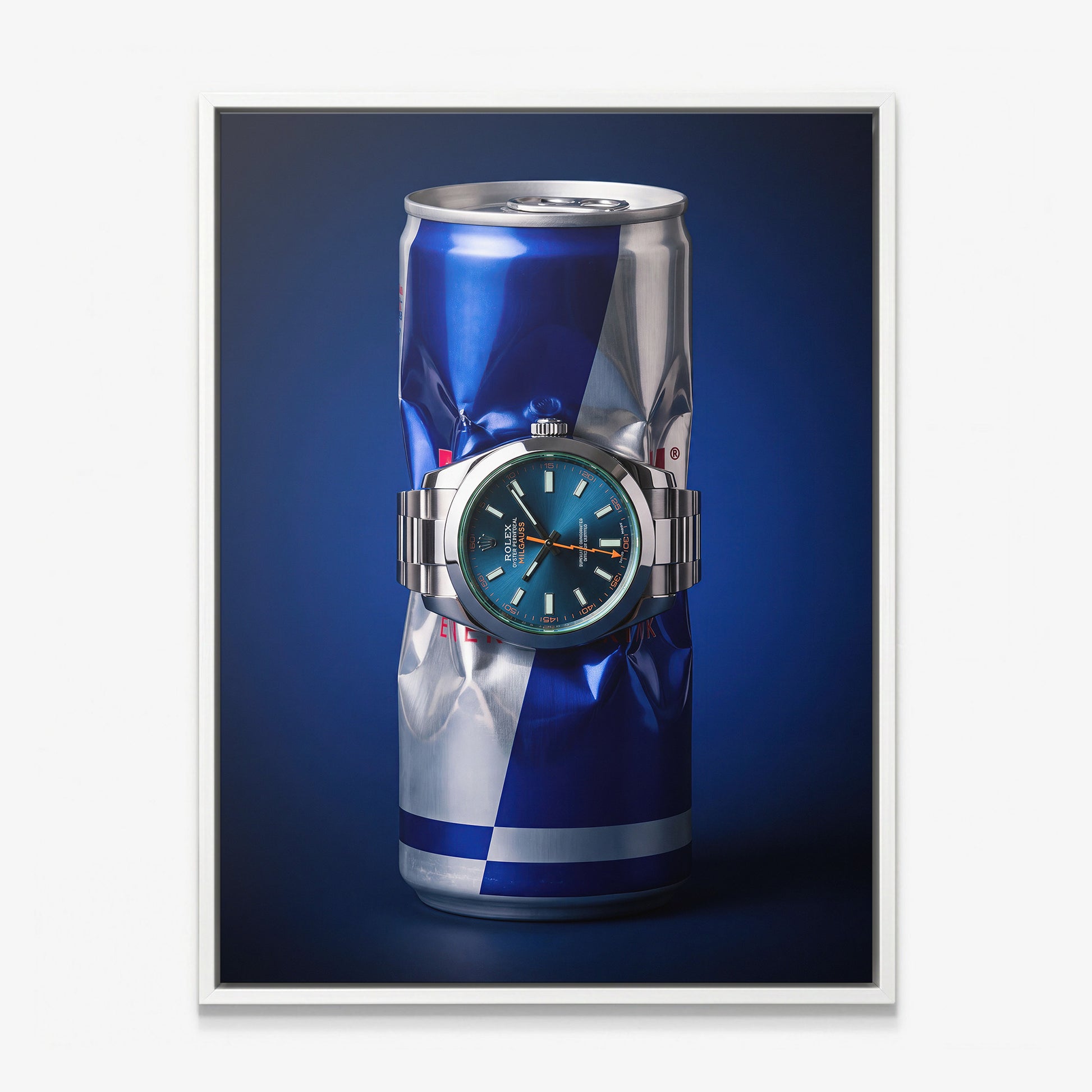 Burn Rate crushed blue and silver energy drink can with a teal dial watch canvas wall art in a white floating frame