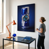 Burn Rate crushed blue and silver energy drink can with a teal dial watch canvas wall art in a home interior with a person viewing it