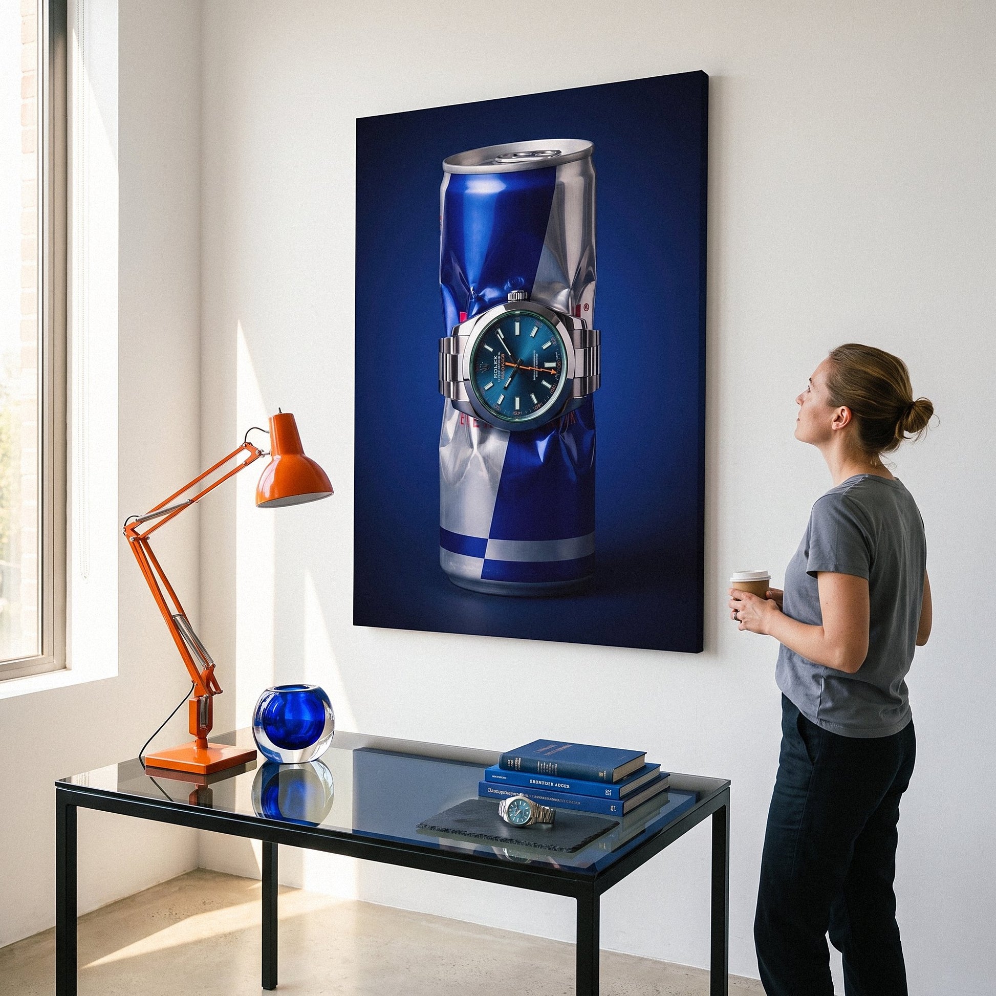 Burn Rate crushed blue and silver energy drink can with a teal dial watch canvas wall art in a home interior with a person viewing it