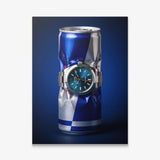 Burn Rate crushed blue and silver energy drink can with a teal dial watch canvas wall art