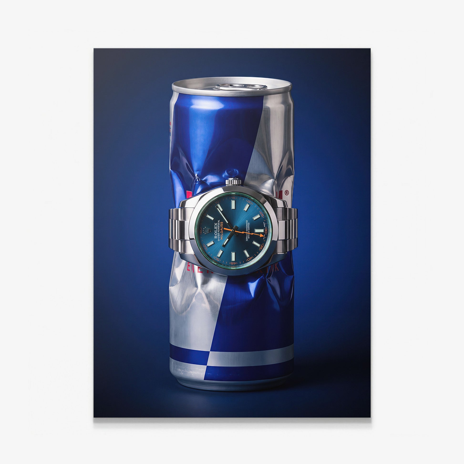 Burn Rate crushed blue and silver energy drink can with a teal dial watch canvas wall art