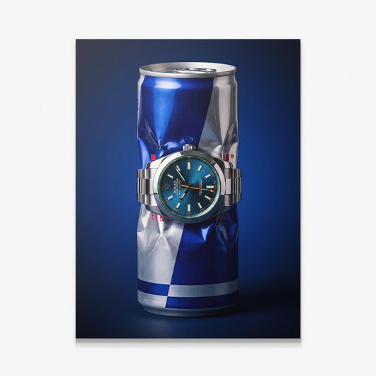 Burn Rate crushed blue and silver energy drink can with a teal dial watch canvas wall art