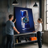 Burn Rate crushed blue and silver energy drink can with a teal dial watch canvas wall art on a wall with two people beside it