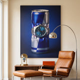 Burn Rate crushed blue and silver energy drink can with a teal dial watch canvas wall art hanging in a styled home interior