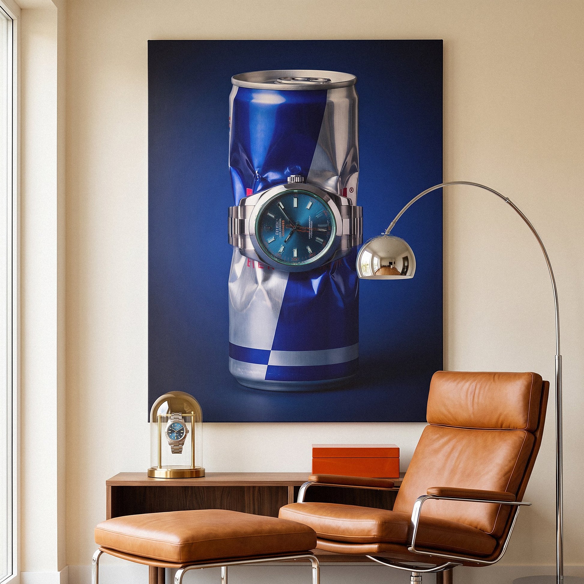 Burn Rate crushed blue and silver energy drink can with a teal dial watch canvas wall art hanging in a styled home interior