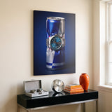 Burn Rate crushed blue and silver energy drink can with a teal dial watch canvas wall art seen from the side on a styled wall