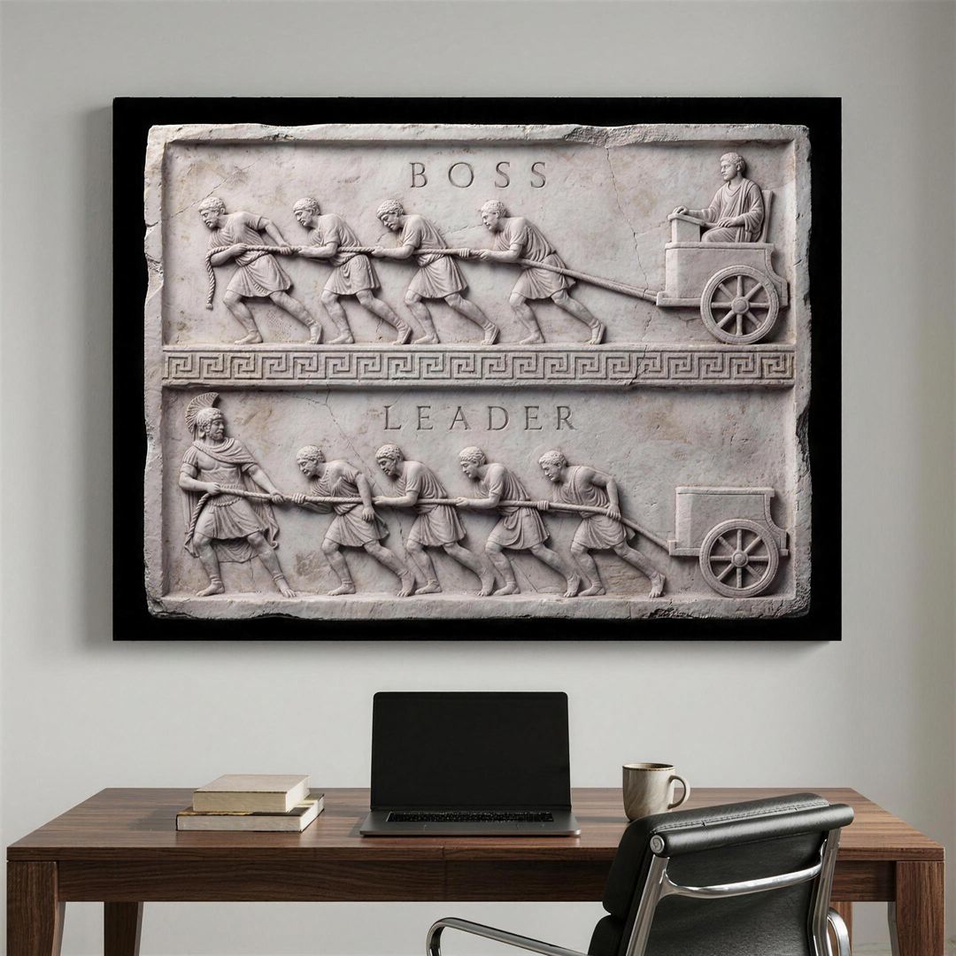 Boss Vs Leader Slab leadership canvas wall art in a modern home office