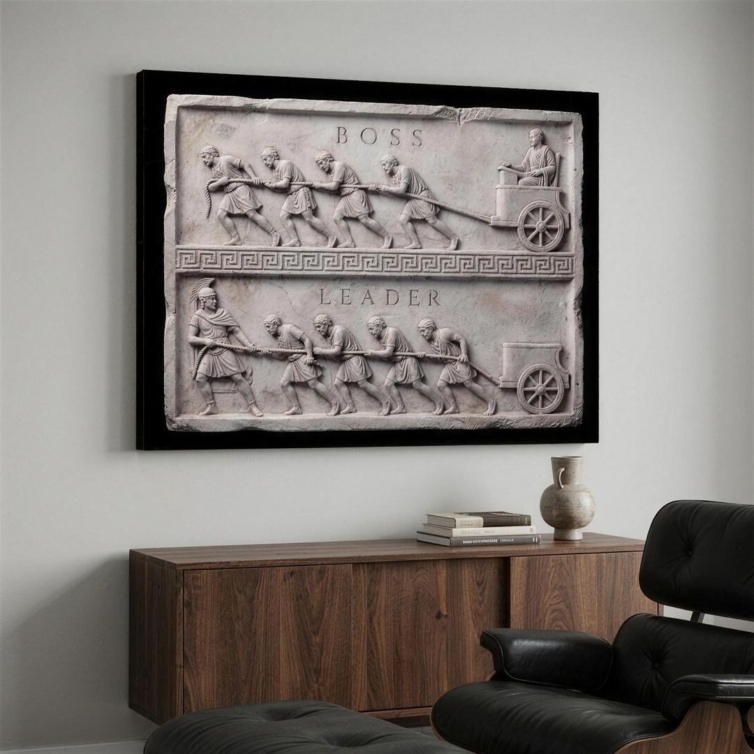 Boss Vs Leader Slab canvas wall art in a modern apartment living room