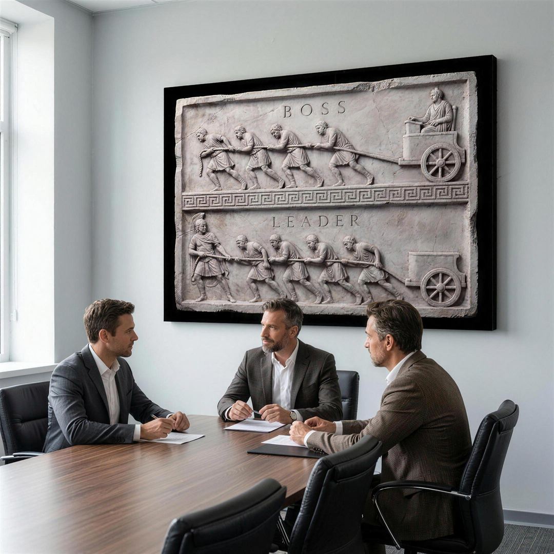 Boss Vs Leader Slab canvas wall art in a modern office meeting room