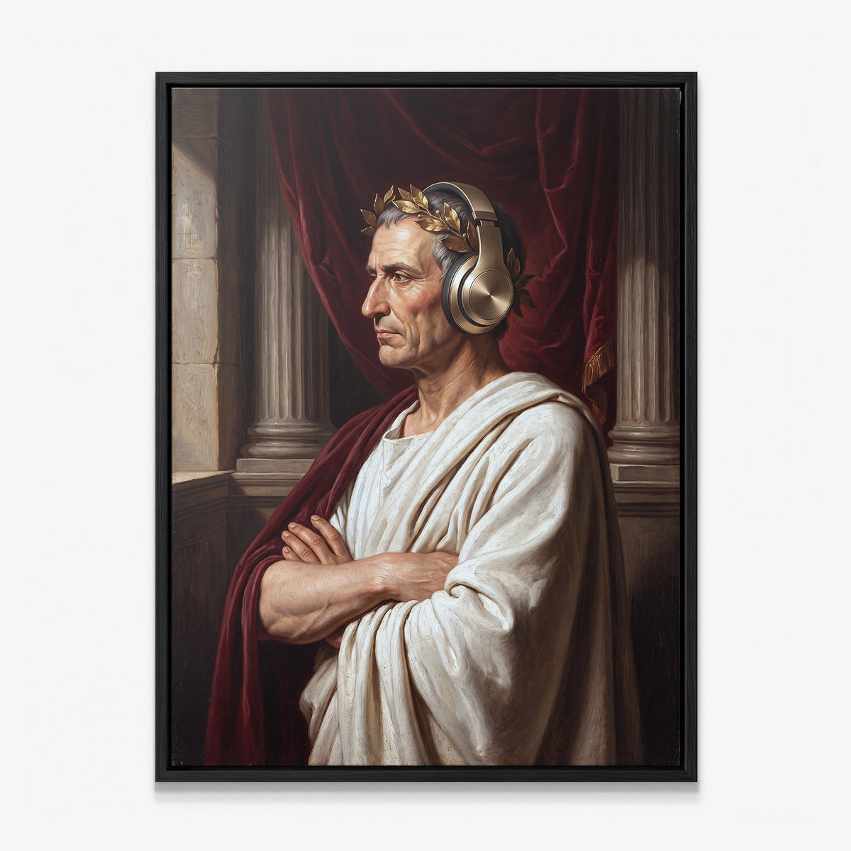 Caesar On Repeat canvas in a black floating frame