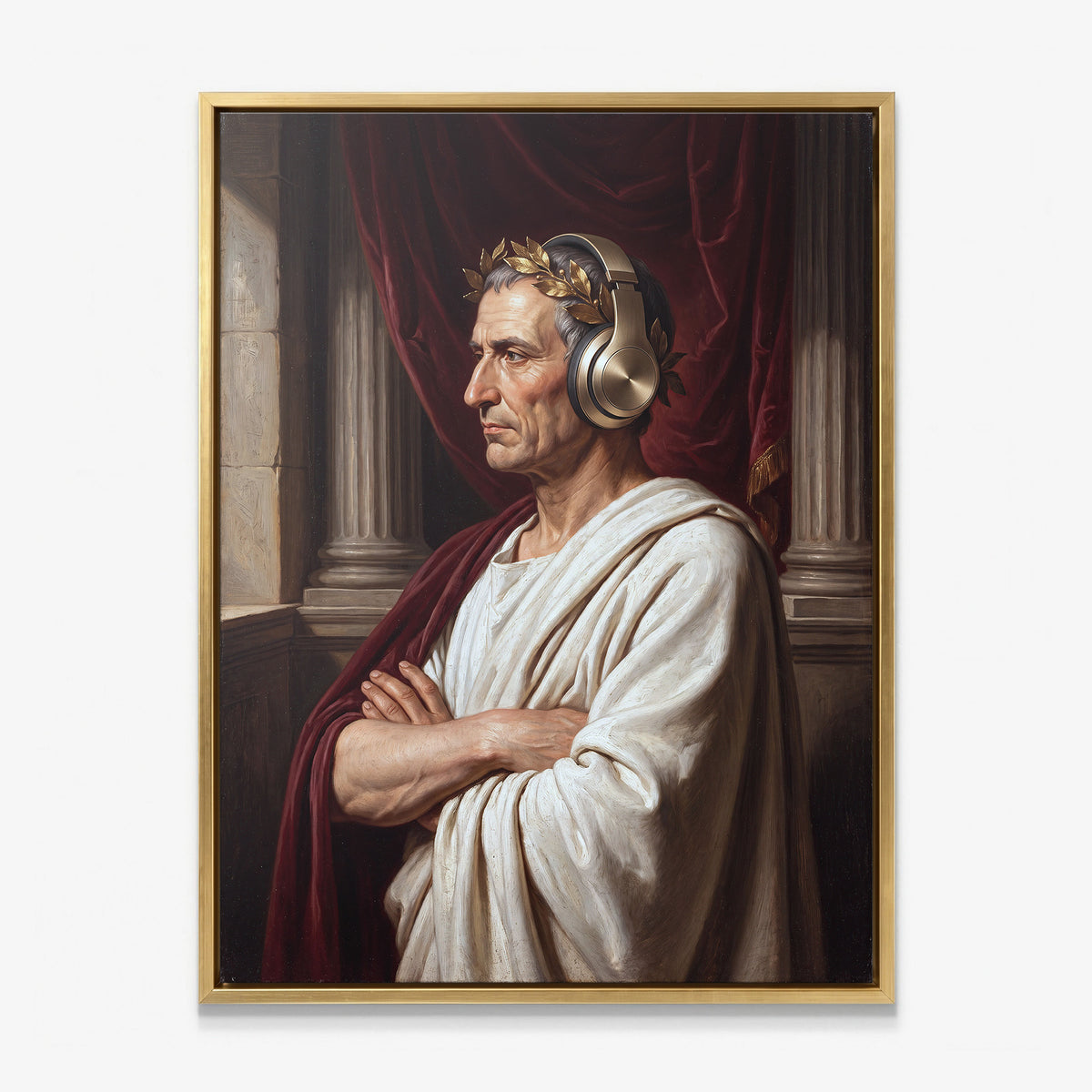 Caesar On Repeat canvas in a gold floating frame