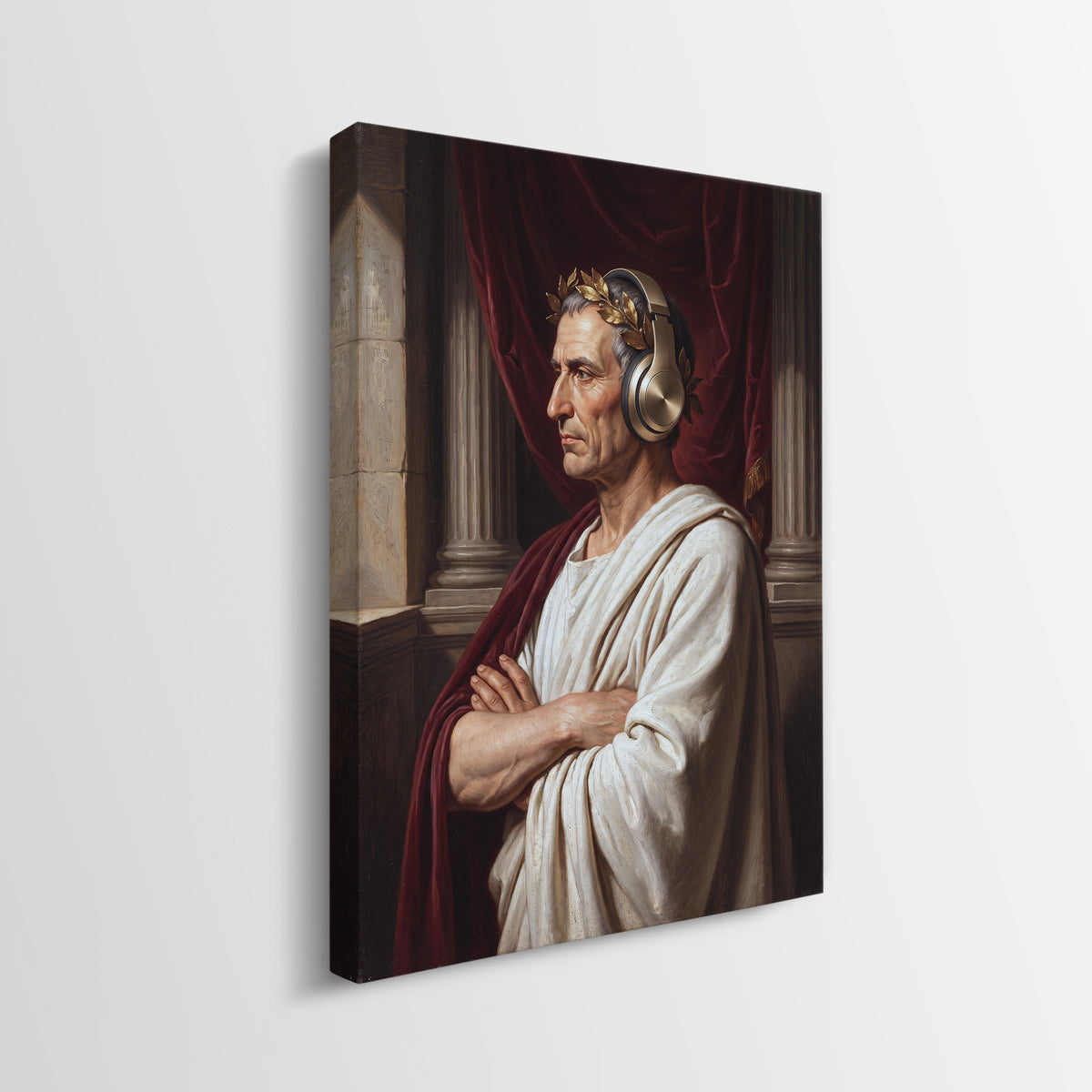 Side view of the Caesar On Repeat gallery wrapped canvas showing the wrapped edge