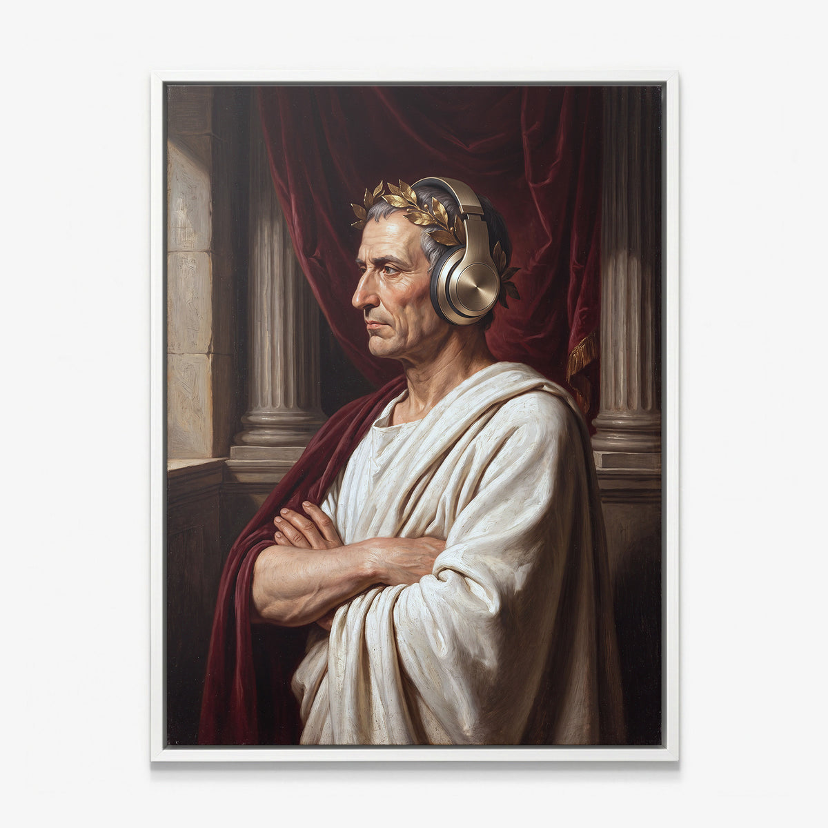 Caesar On Repeat canvas in a white floating frame