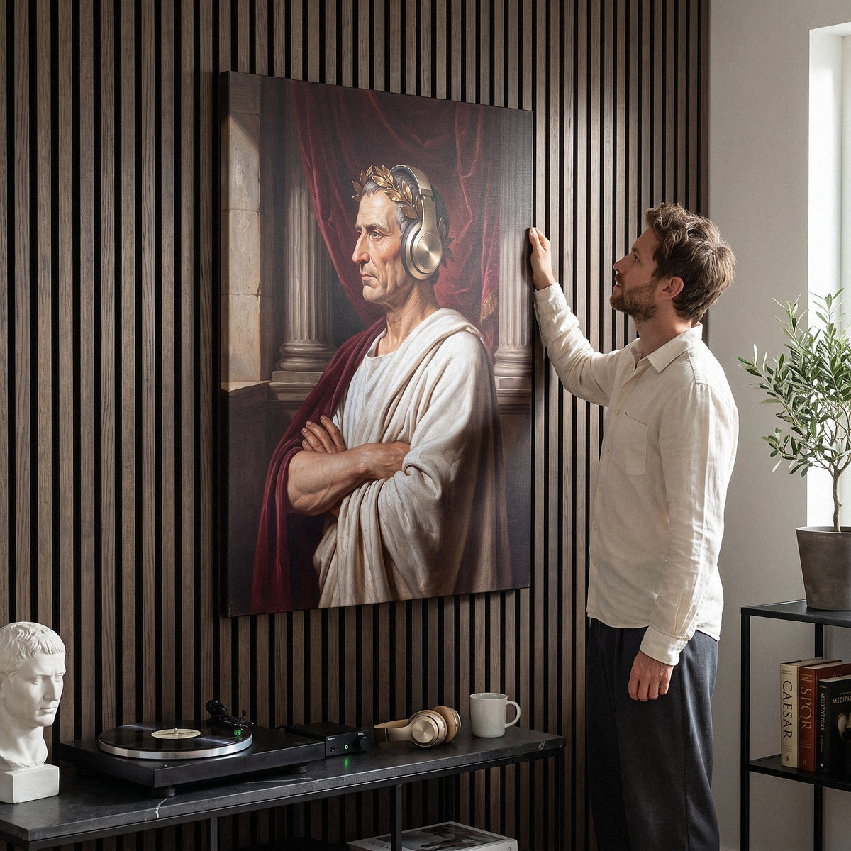 Caesar On Repeat canvas above a desk with a person looking at it