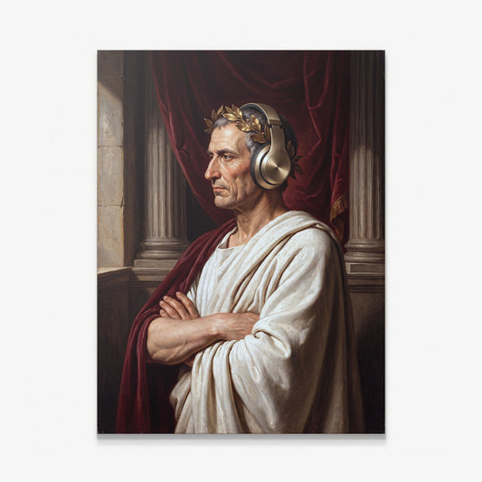 Caesar On Repeat canvas wall art, an oil painting of Julius Caesar in a laurel wreath and gold headphones