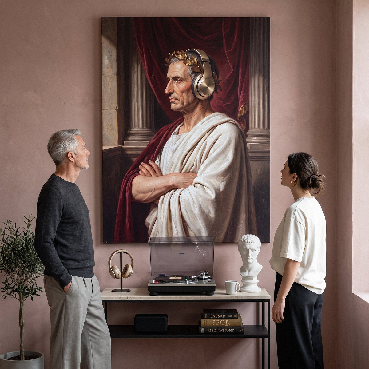 Caesar On Repeat canvas in a living room with two people
