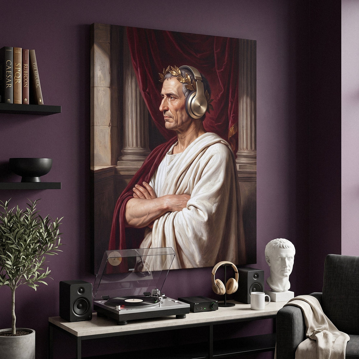 Caesar On Repeat portrait canvas on a plain painted wall
