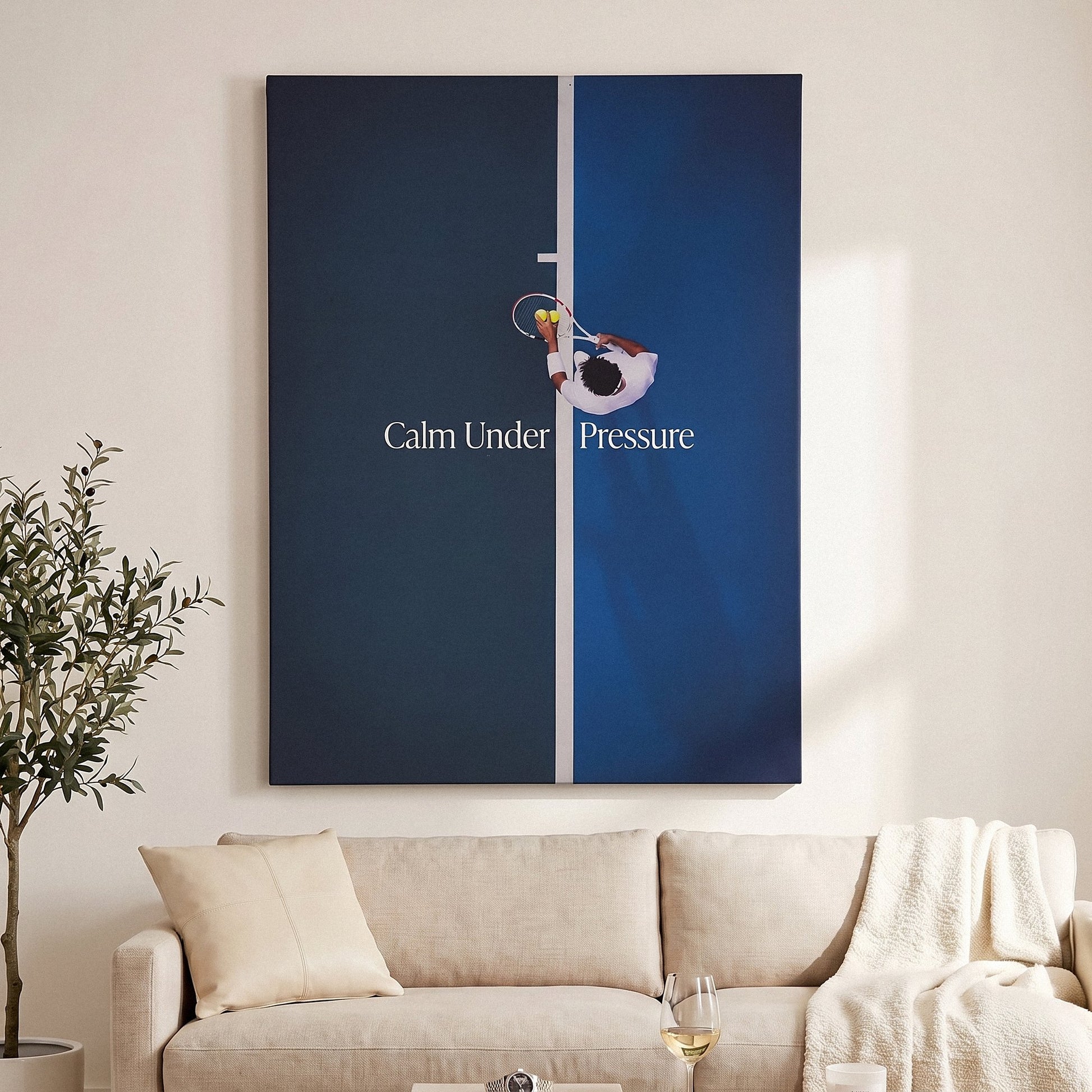 Calm Under Pressure tennis wall art canvas above a console table in a bright modern hallway