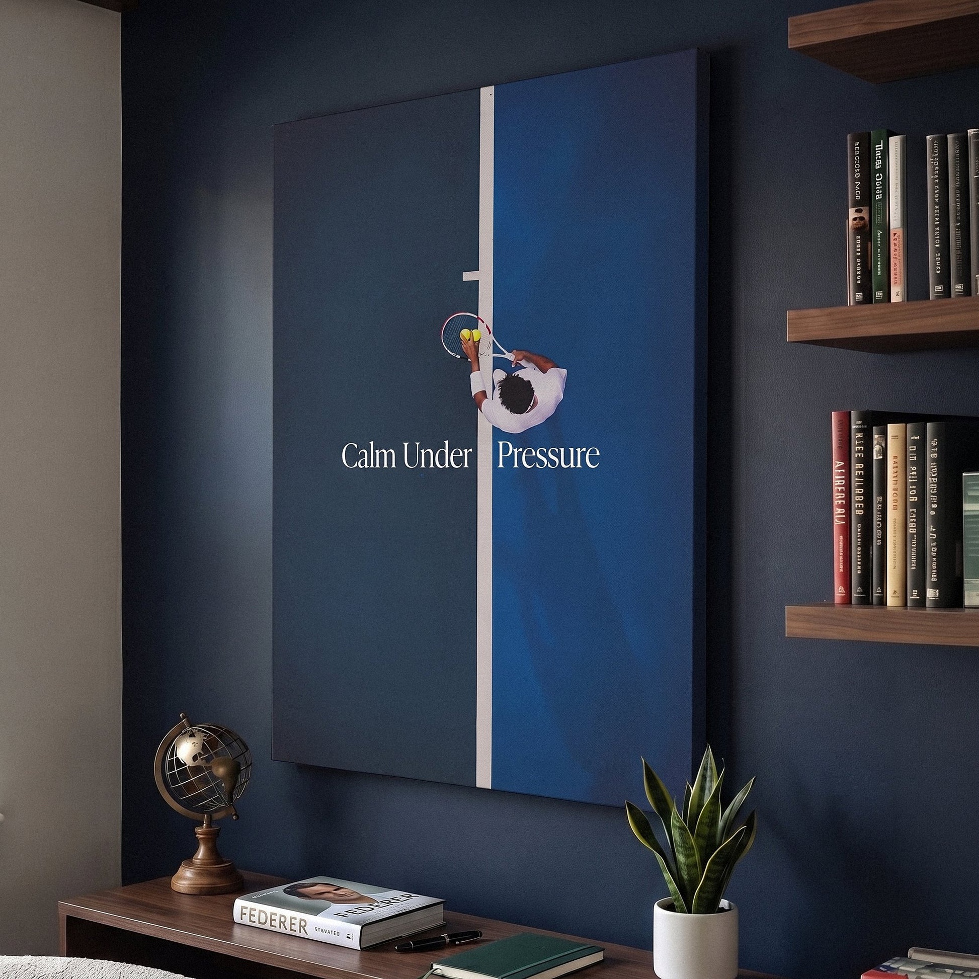 Calm Under Pressure tennis canvas print on a living room wall at a gentle angle showing the gallery-wrapped edge
