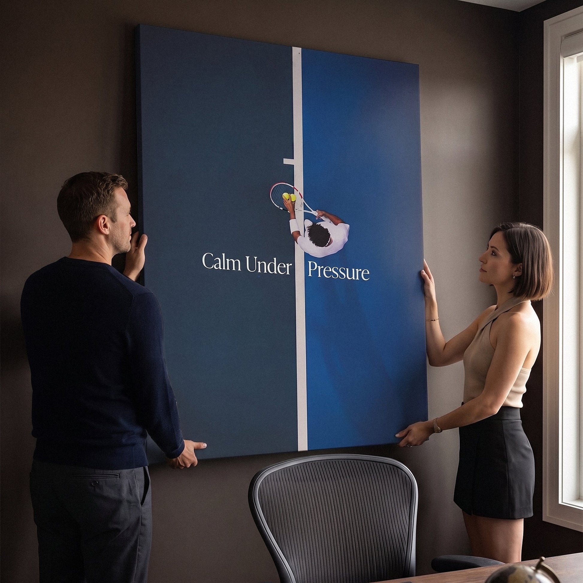 Two people viewing the Calm Under Pressure tennis canvas print together in a home setting