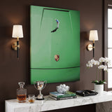 Car Putt canvas in a chocolate brown study above a console with a golf trophy, golf books and white orchids