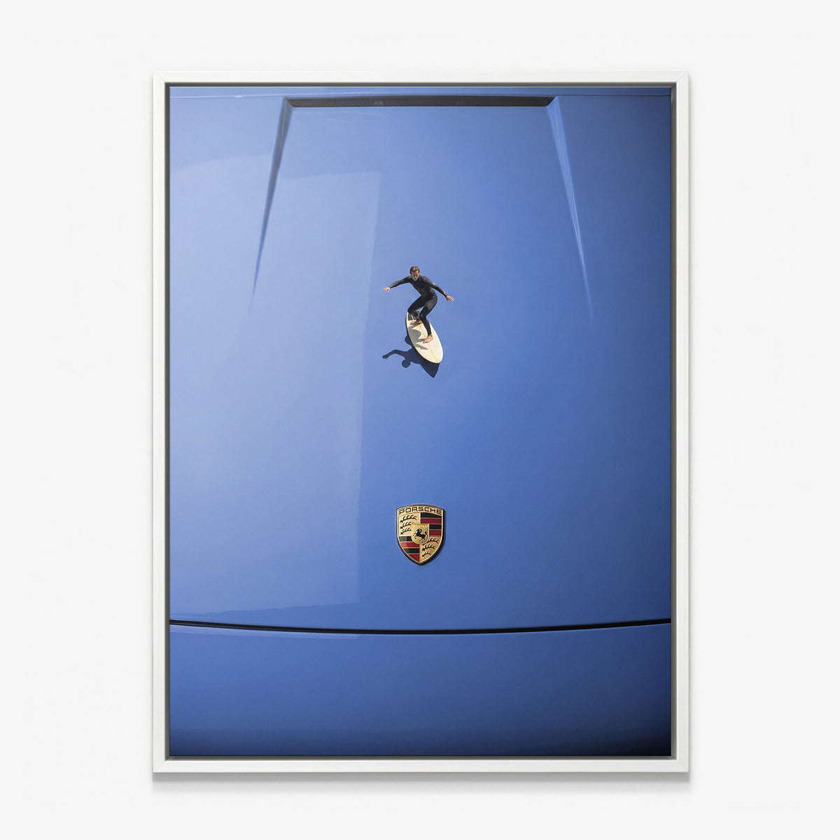 Car Surfing canvas in a white floating frame