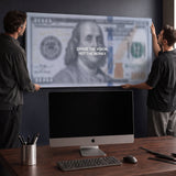 Two men hanging the Chase The Vision Dollar Edition money canvas on a navy home-office wall