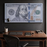Chase The Vision Dollar Edition money wall art canvas above a walnut desk in a dark home office
