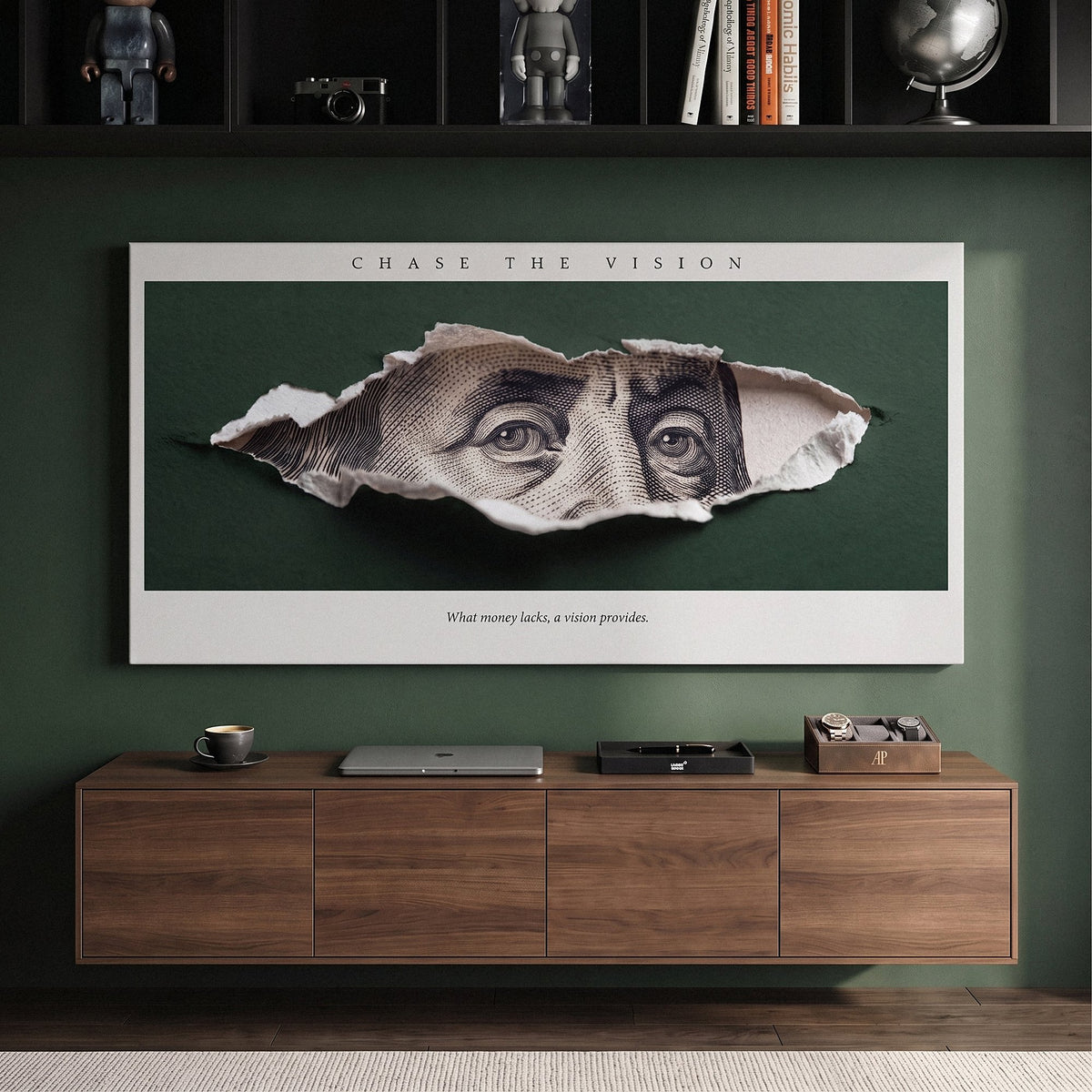 Chase The Vision Franklin money wall art on a green office wall above a walnut sideboard
