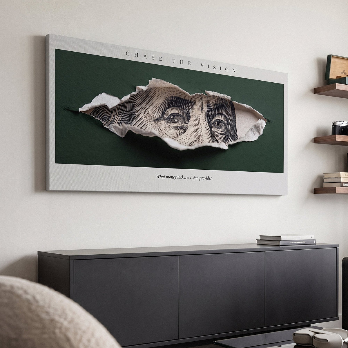 Chase The Vision Franklin canvas print above a dark sideboard, angled view showing the gallery wrap edge