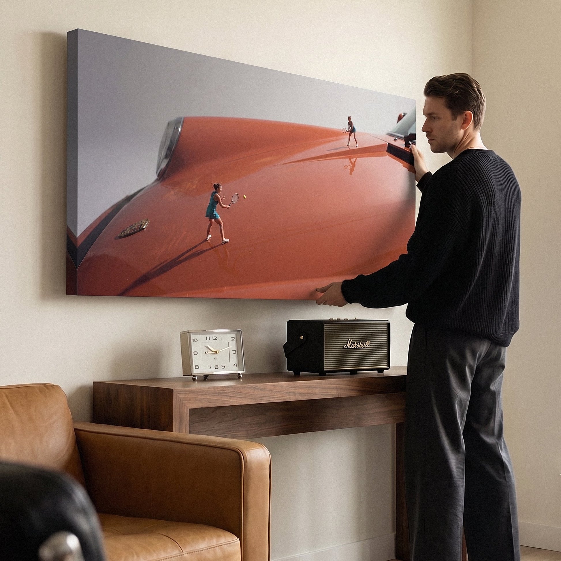 Clay Hood tennis canvas above a home office desk