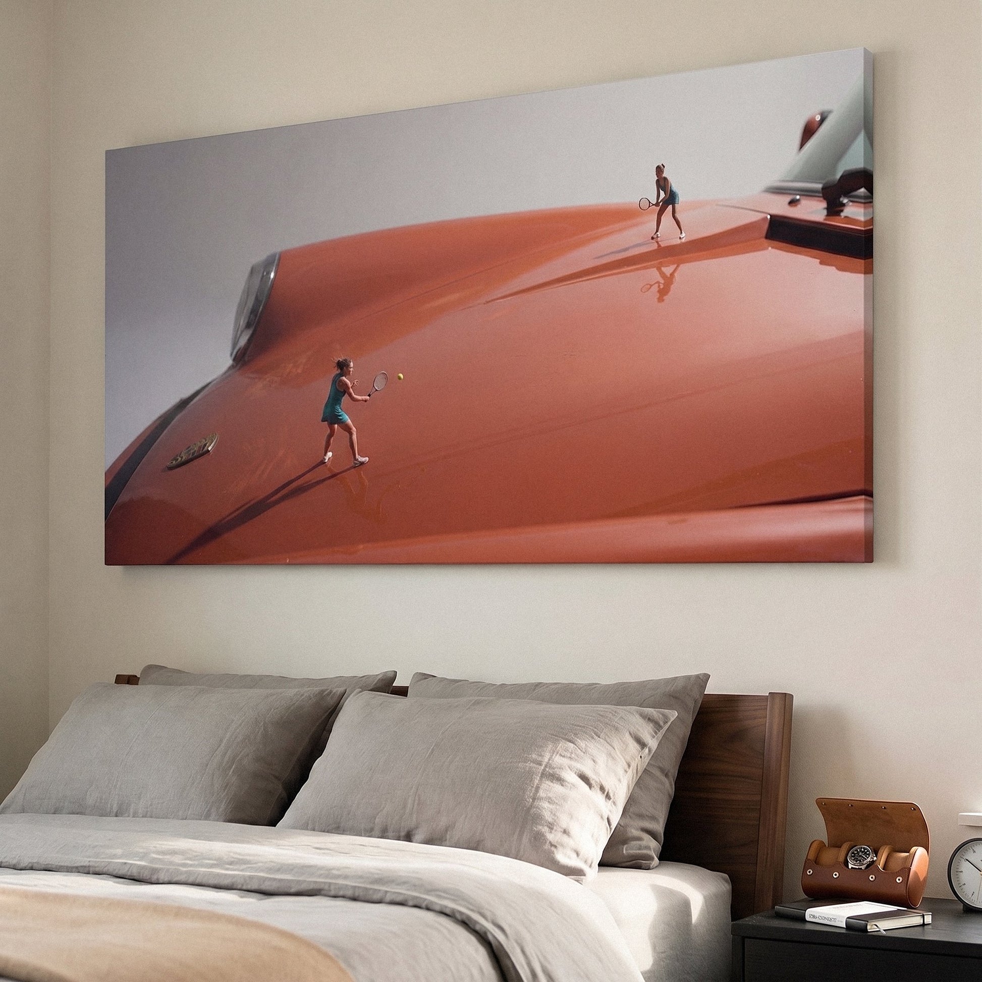 Clay Hood tennis canvas at an angle on a wall