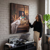 Cleopatra On Blast canvas above a desk with a person looking at it