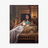 Cleopatra On Blast canvas wall art, an oil painting of Cleopatra reclining beside a gold boombox in an Egyptian temple