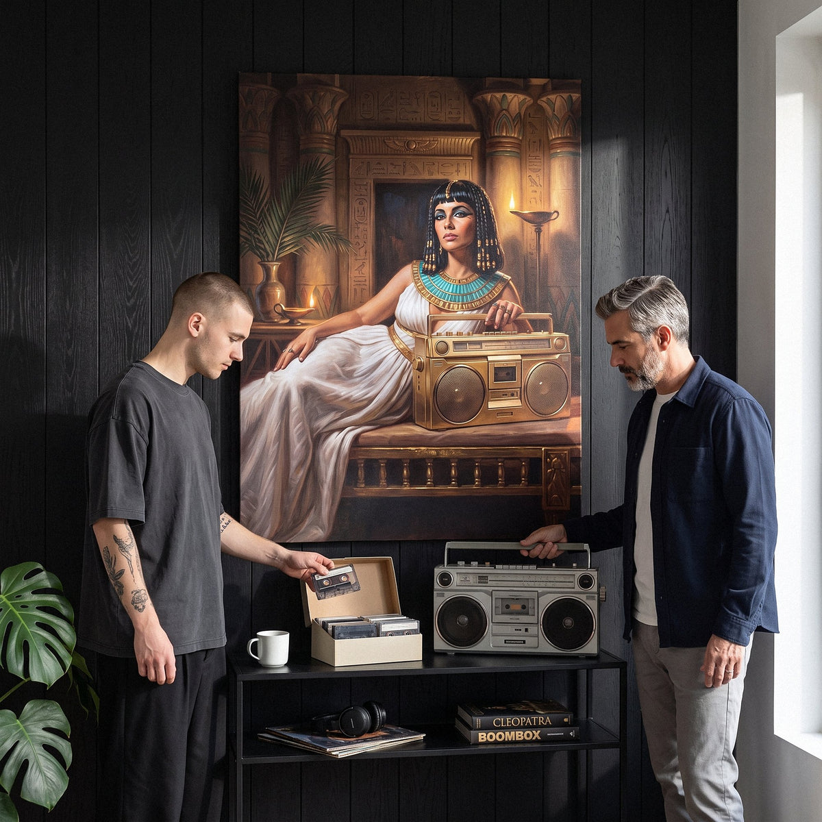 Cleopatra On Blast canvas in a living room with two people