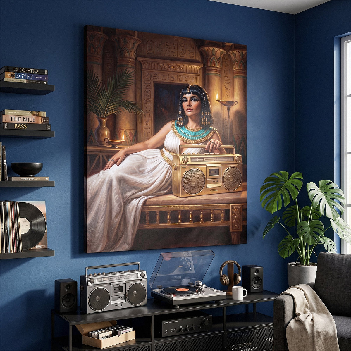 Cleopatra On Blast portrait canvas on a plain painted wall