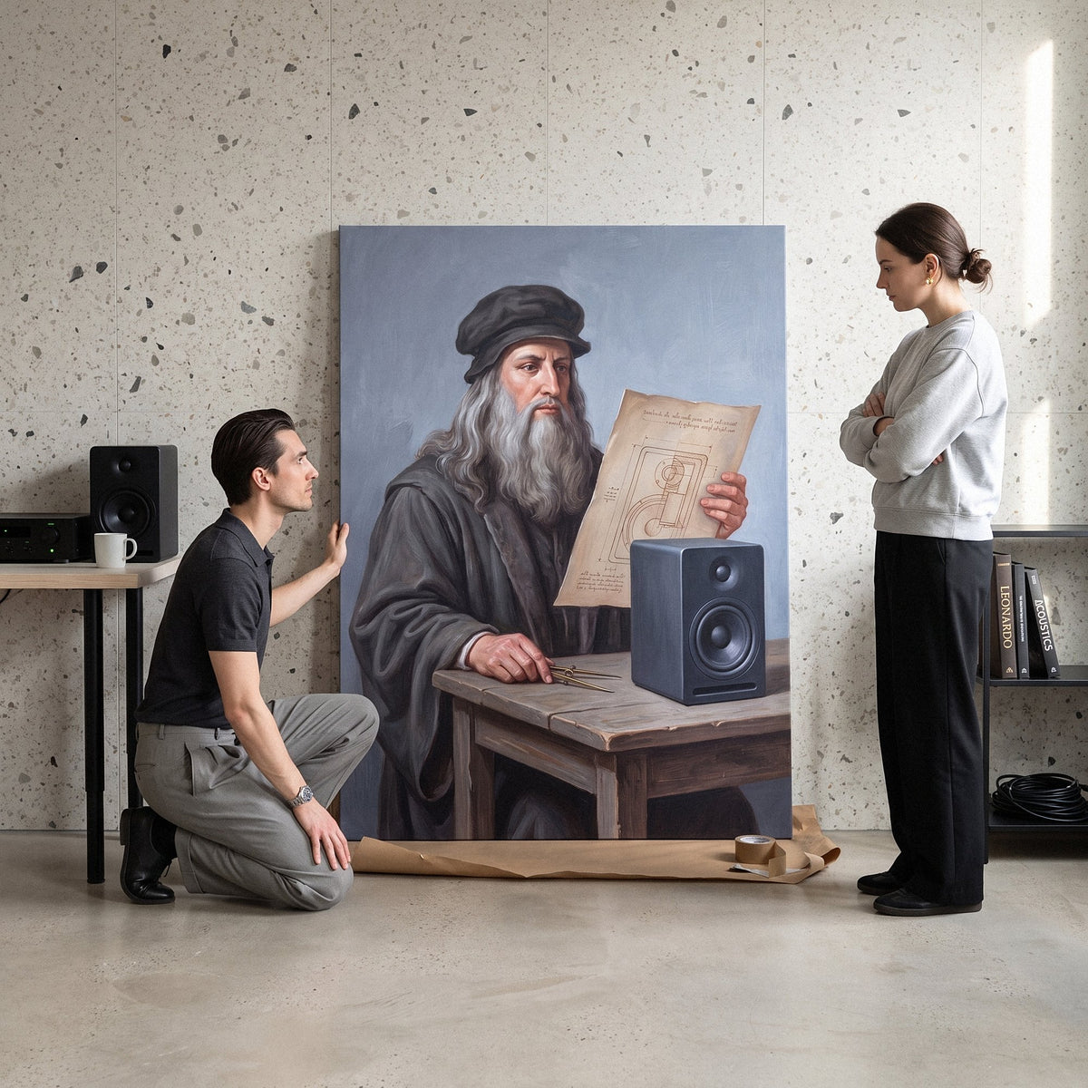 Da Vinci Amplified canvas in a living room with two people