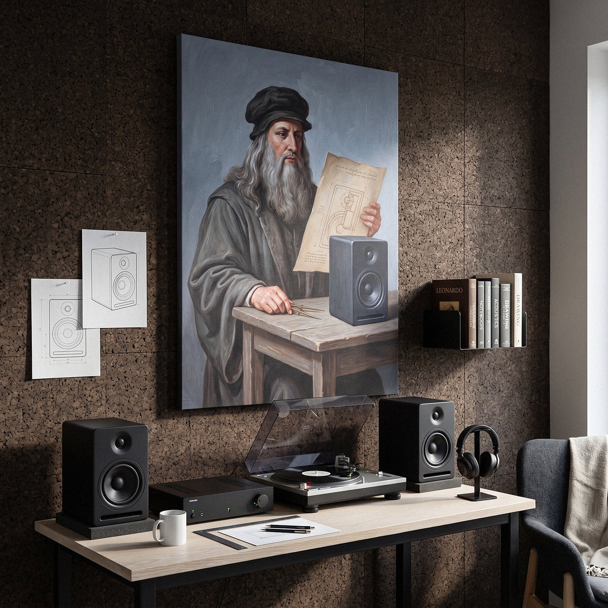 Da Vinci Amplified portrait canvas on a plain painted wall