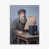 Da Vinci Amplified canvas wall art, an oil painting of Leonardo da Vinci holding a speaker blueprint beside a studio monitor