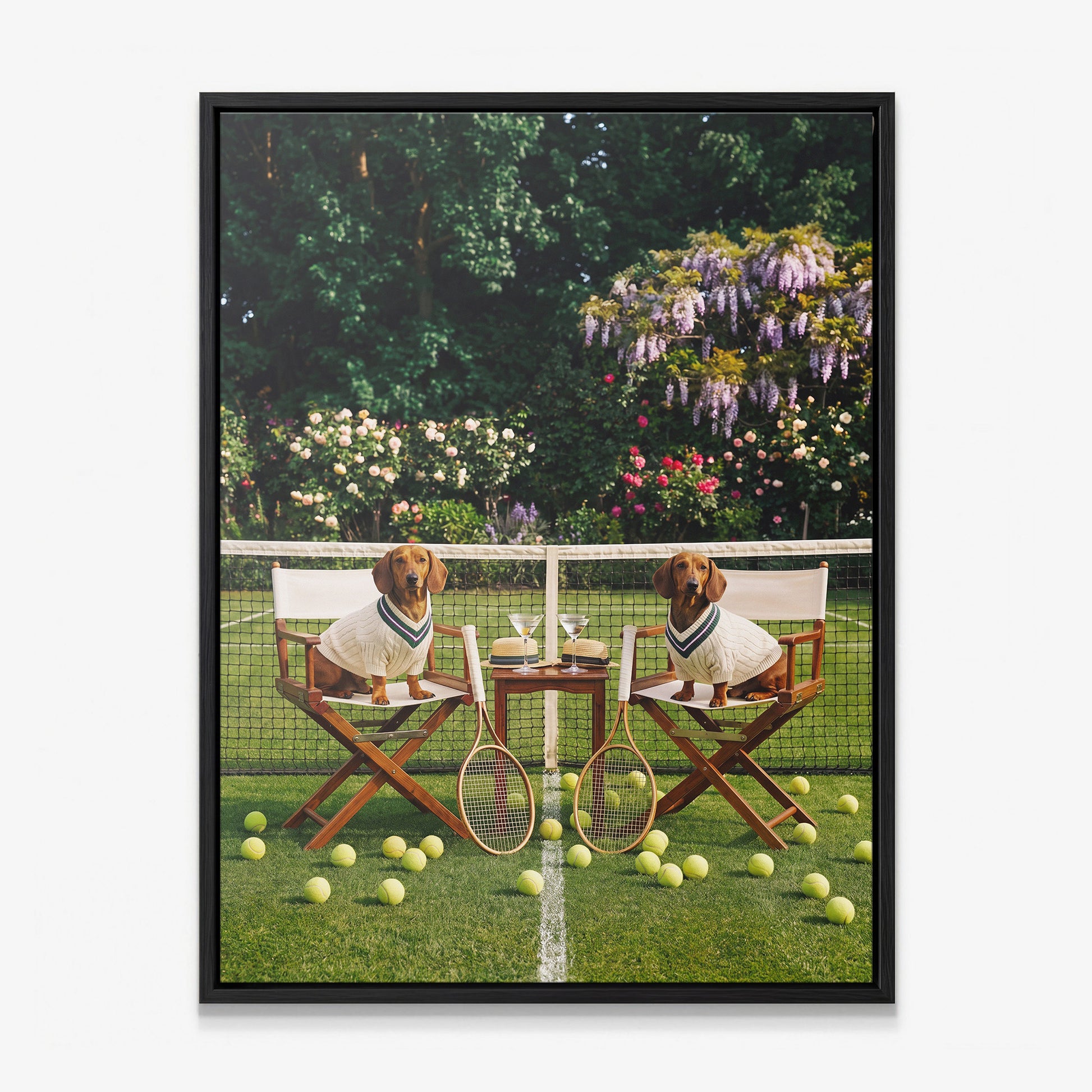Dachshund tennis canvas print in a black floating frame
