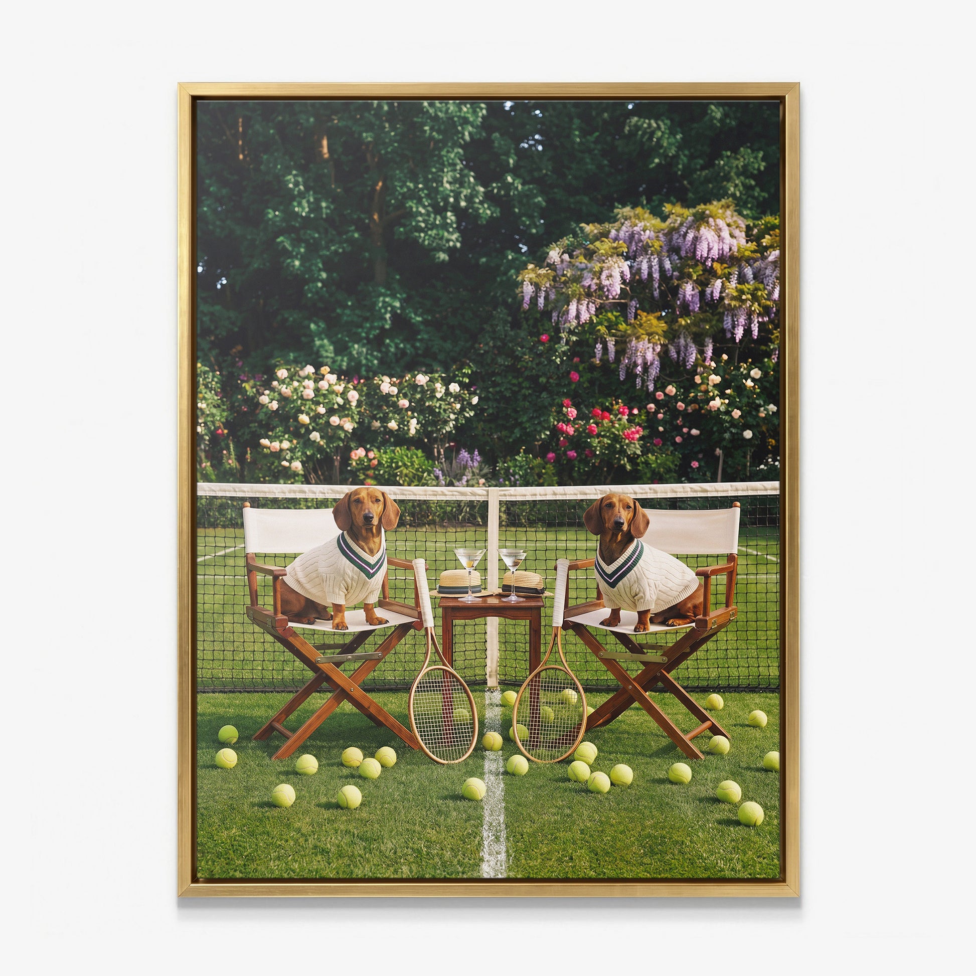 Dachshund tennis canvas print in a gold floating frame