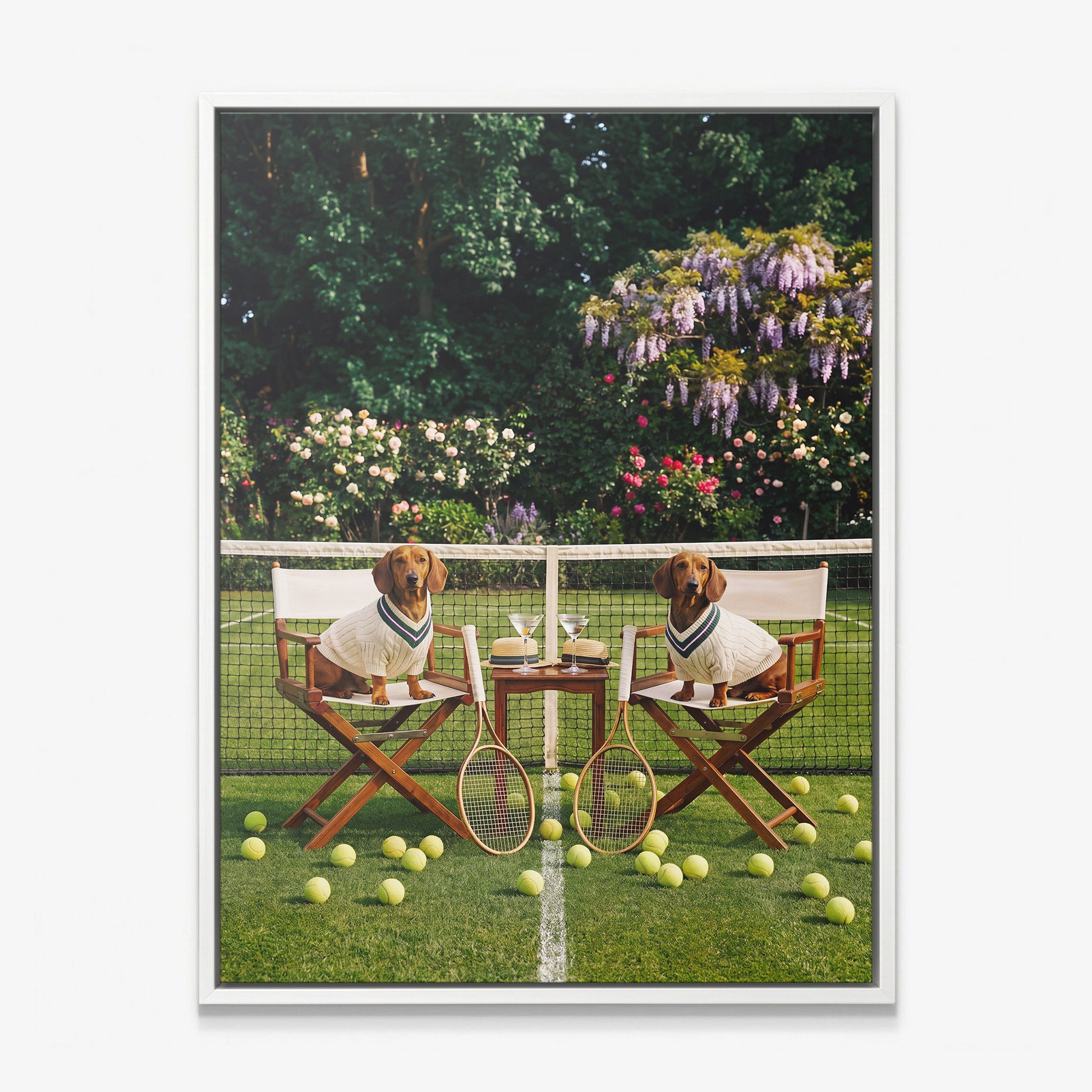 Dachshund tennis canvas print in a white floating frame
