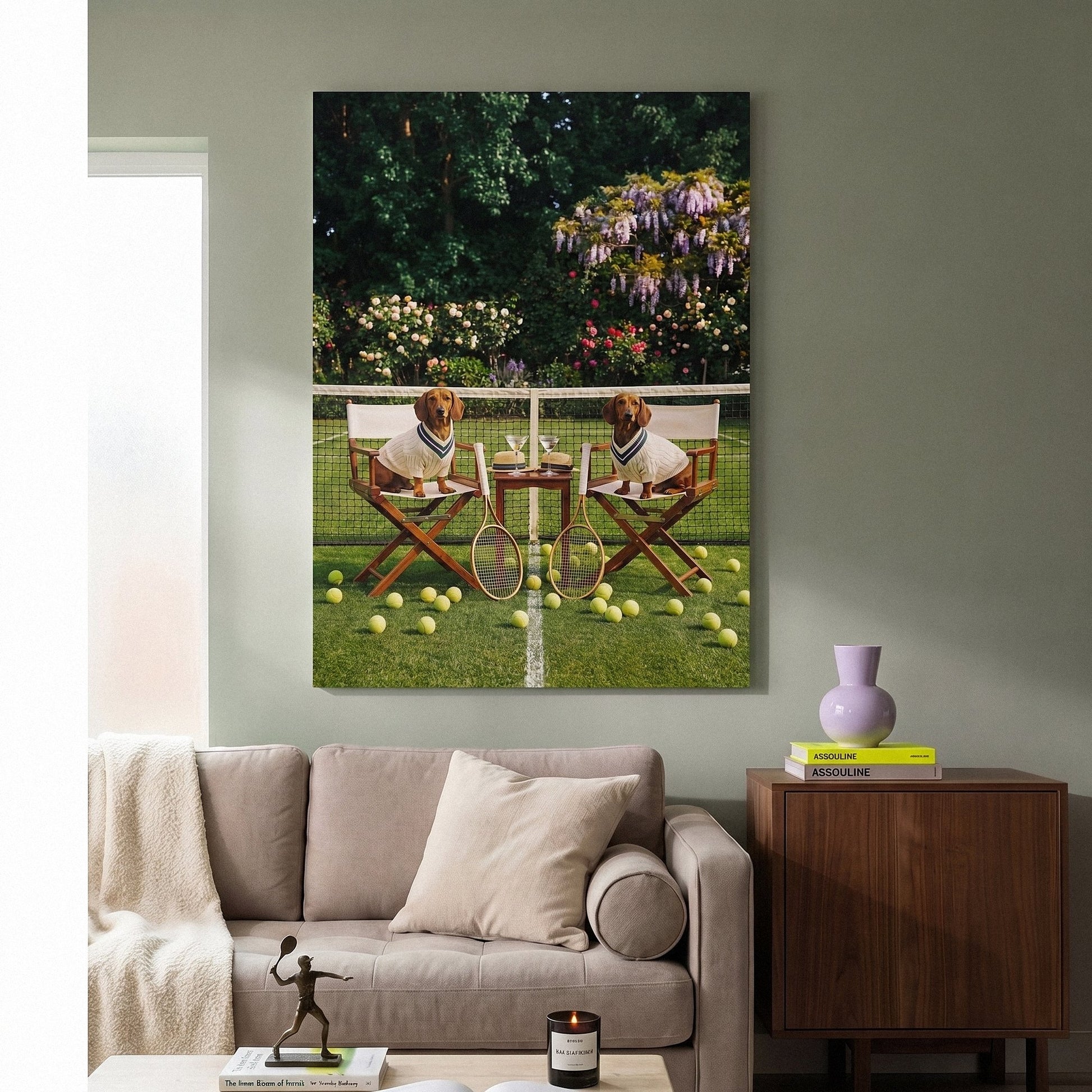 Dachshund tennis wall art canvas hanging above a console table in a bright modern hallway