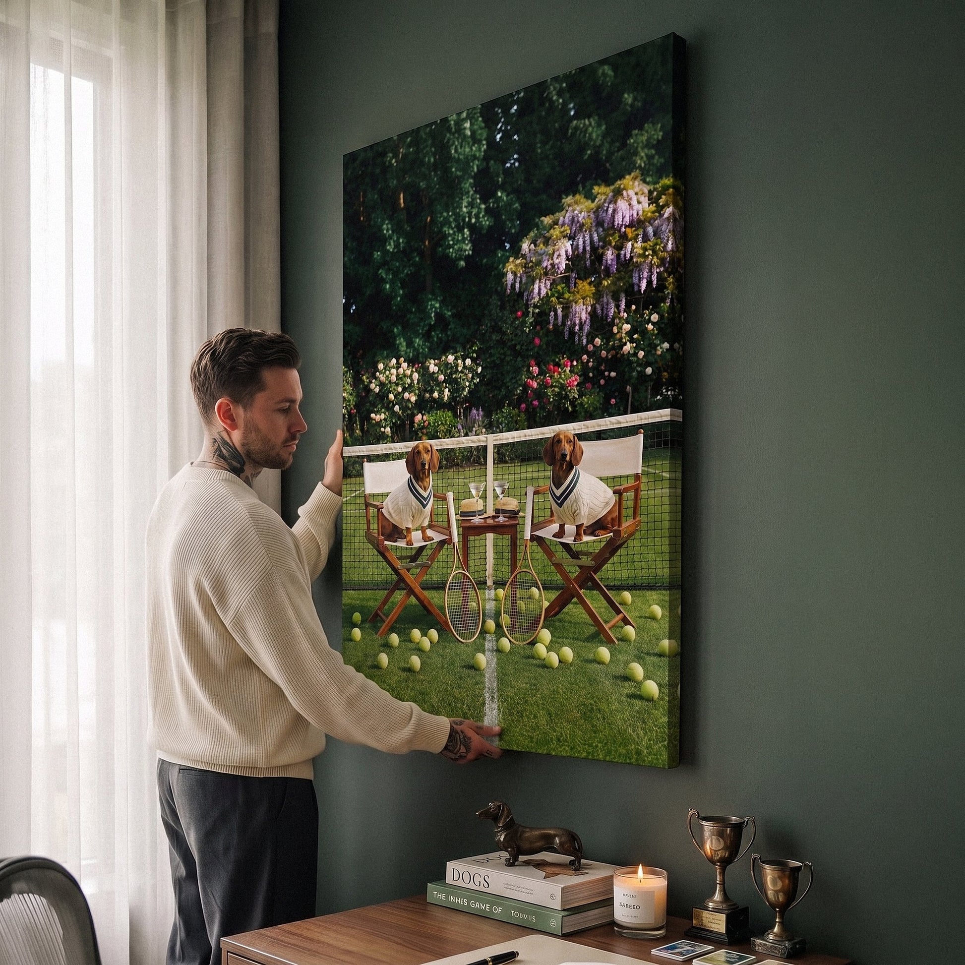 Person admiring the Dachshund tennis canvas print in a styled interior