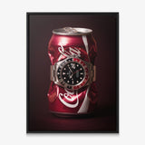 Disposable Income crushed red cola can with a black and red bezel steel watch canvas wall art in a black floating frame